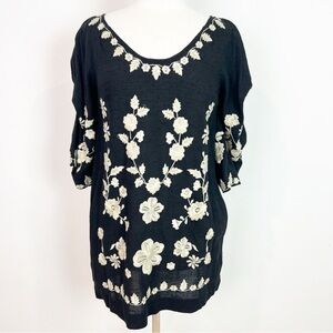 FREE PEOPLE BLACK WITH OFF-WHITE EMBROIDERY SHORT SLEEVE SHIFT DRESS WOMENS XS